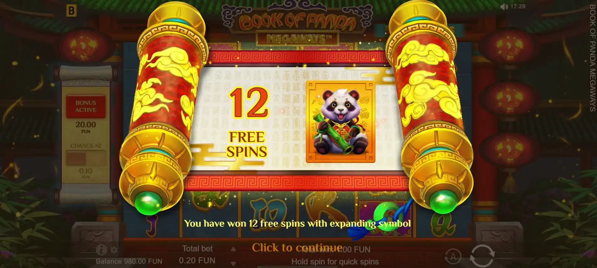 A gameplay image of bGaming's Book of Panda Megaways