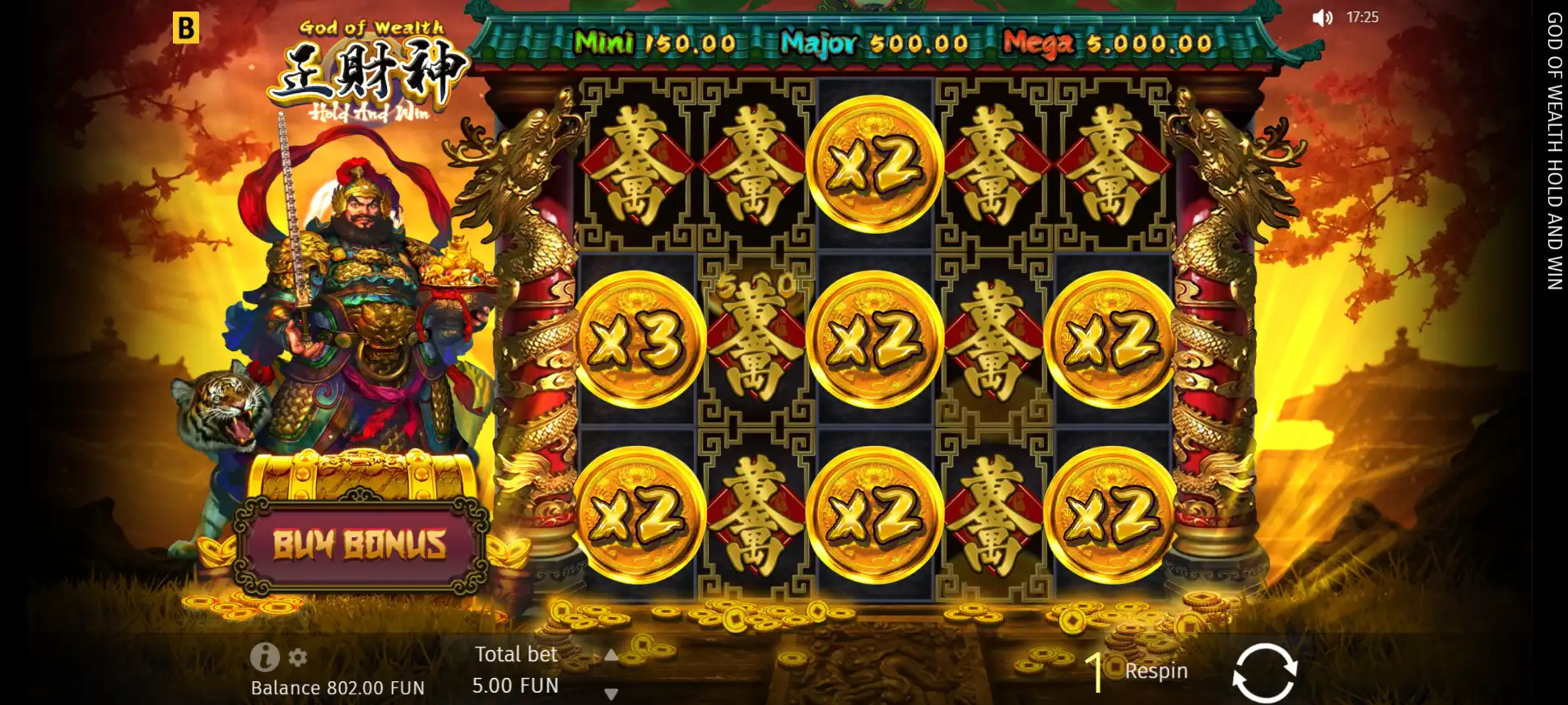 A gameplay image of bGaming's God of Wealth Hold and Win