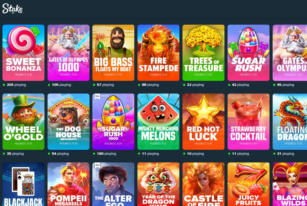 An image of the slot games selection at Stake.us